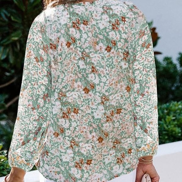 Women's Casual Boho Floral Print V Neck Long Sleeve Loose Blouse Shirts Top - Picture 2 of 4